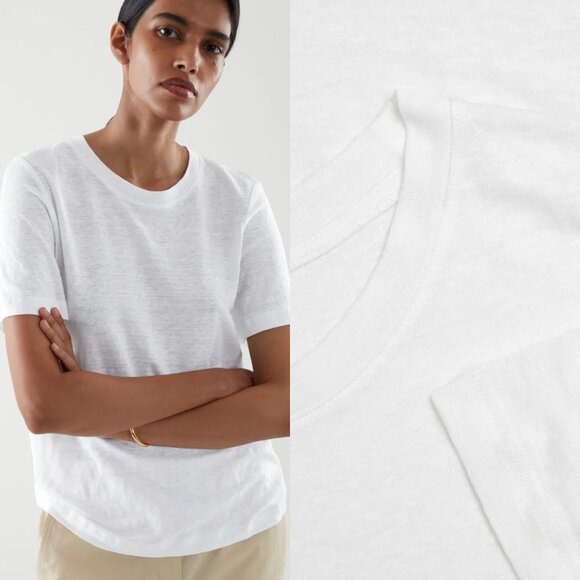 COS Crew Neck Linen T-Shirt Tee White Size XS Minimalist Lagenlook - Picture 1 of 6